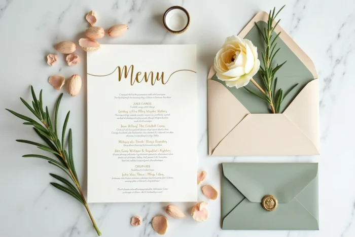 Flat lay mariage avec menu calligraphié, enveloppe cachetée à la cire, fleurs séchées et accessoires décoratifs sur marbre blanc