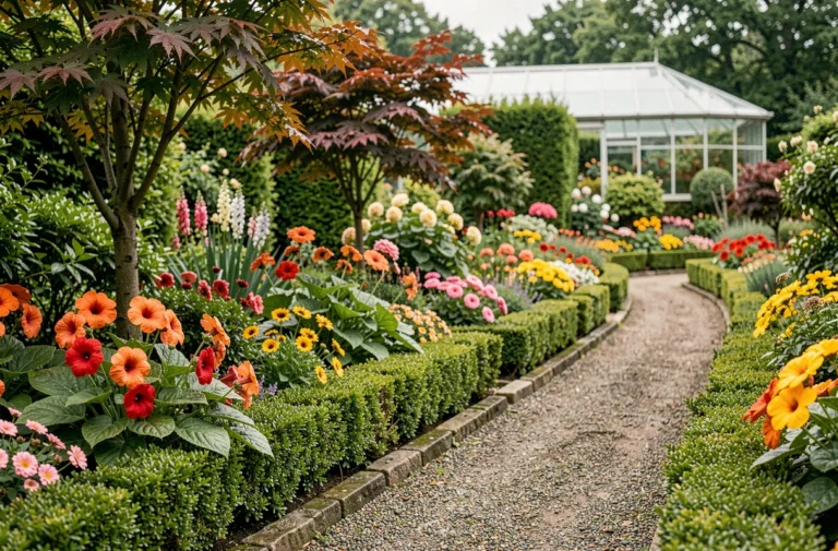 Allée de jardin botanique avec une collection variée de fleurs et arbres commençant par la lettre K