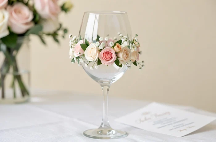 Verre à vin décoré de fleurs fraîches collées sur le calice, incluant gypsophile, petites roses blush et feuilles vertes