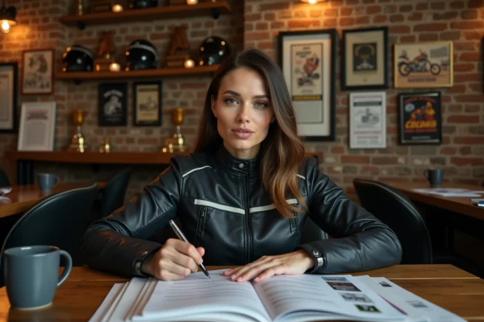 Une femme motarde remplit un formulaire d'adhésion au Club 14 dans une salle de réunion de club moto