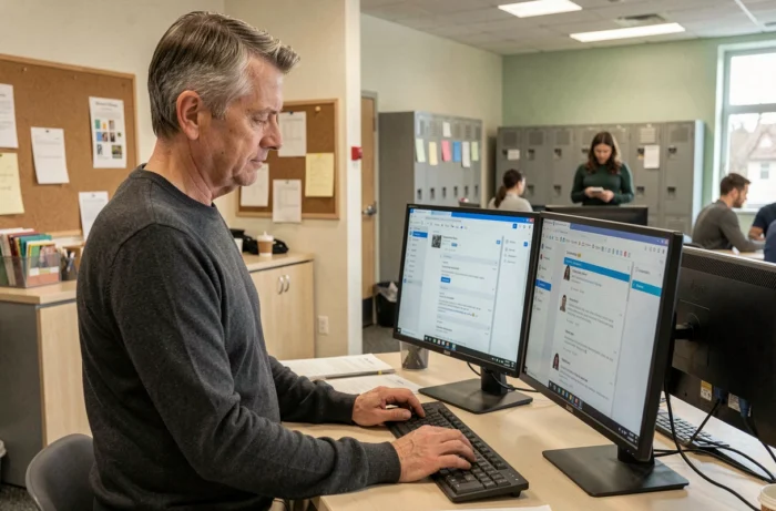 Professeur gérant ses emails professionnels sur un poste de travail dans une salle des professeurs