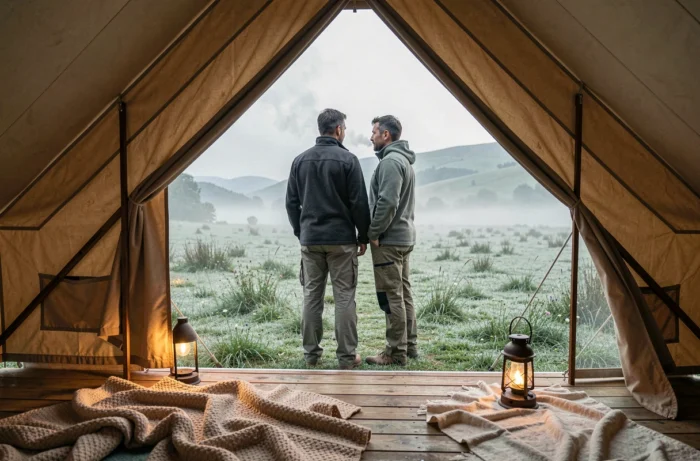 Couple à l'entrée d'un bell tent de glamping face à une prairie brumeuse au lever du jour