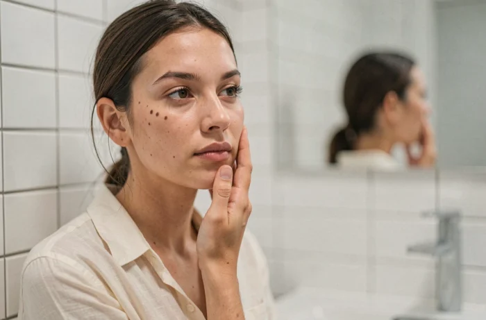 Jeune femme aux grains de beauté naturels sur la joue dans une salle de bain minimaliste, portrait éditorial réaliste