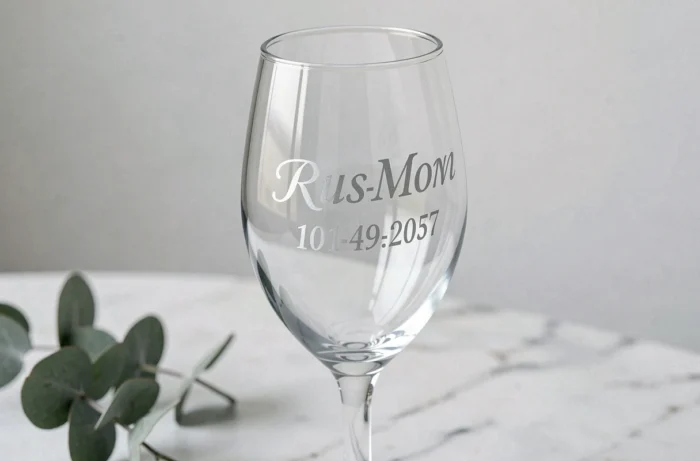 Verre en cristal gravé avec les prénoms des mariés et la date du mariage en police serif classique, posé sur du marbre blanc