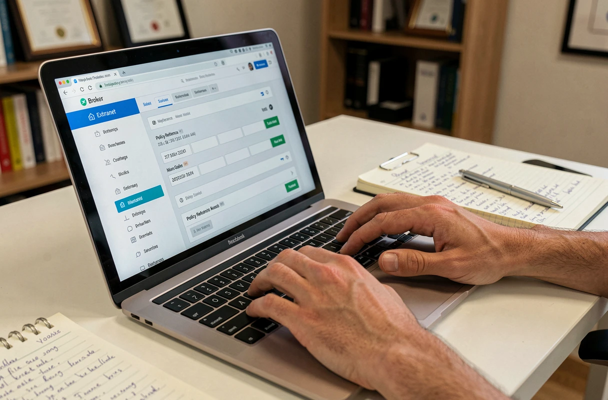Gros plan sur les mains d'un courtier saisissant des données sur un extranet d'assurance en ligne