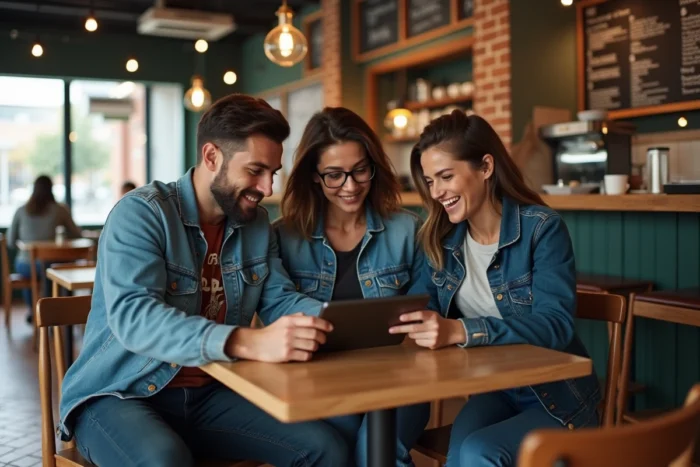 Groupe d'amis découvrant ensemble des actualités insolites sur une tablette dans un café urbain tendance