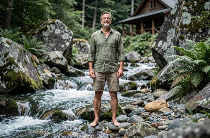 Homme les pieds dans un torrent de montagne près d'un chalet en bois dans un cadre naturel isolé