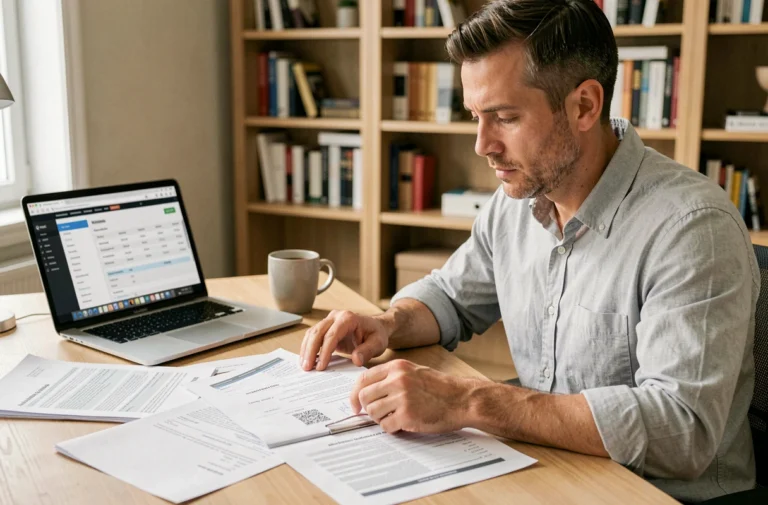Homme consultant l'historique complet d'une voiture d'occasion sur un ordinateur portable avec des documents imprimés