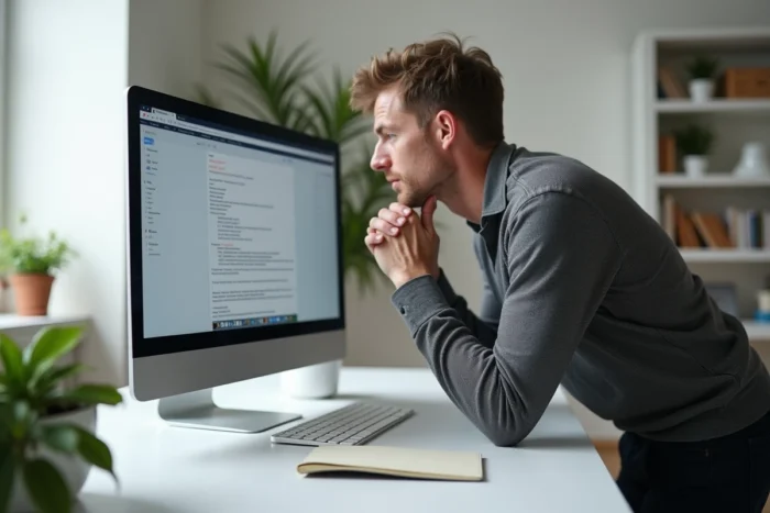 Homme d'affaires consultant ses e-mails professionnels avec des formules de conclusion modernes dans un bureau à domicile minimaliste
