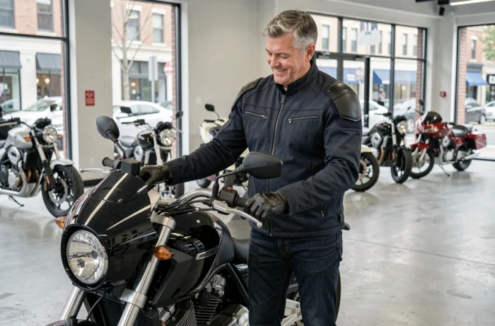 Homme de 50 ans en veste moto examinant une moto de tourisme dans une concession moderne
