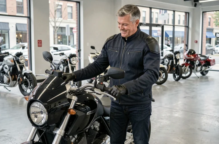 Homme de 50 ans en veste moto examinant une moto de tourisme dans une concession moderne