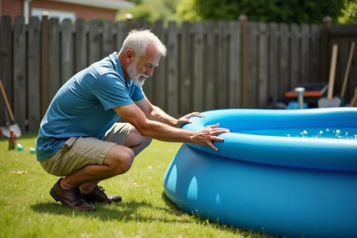 Homme examinant une piscine autoportée qui penche dans un jardin résidentiel, cherchant à corriger l'inclinaison