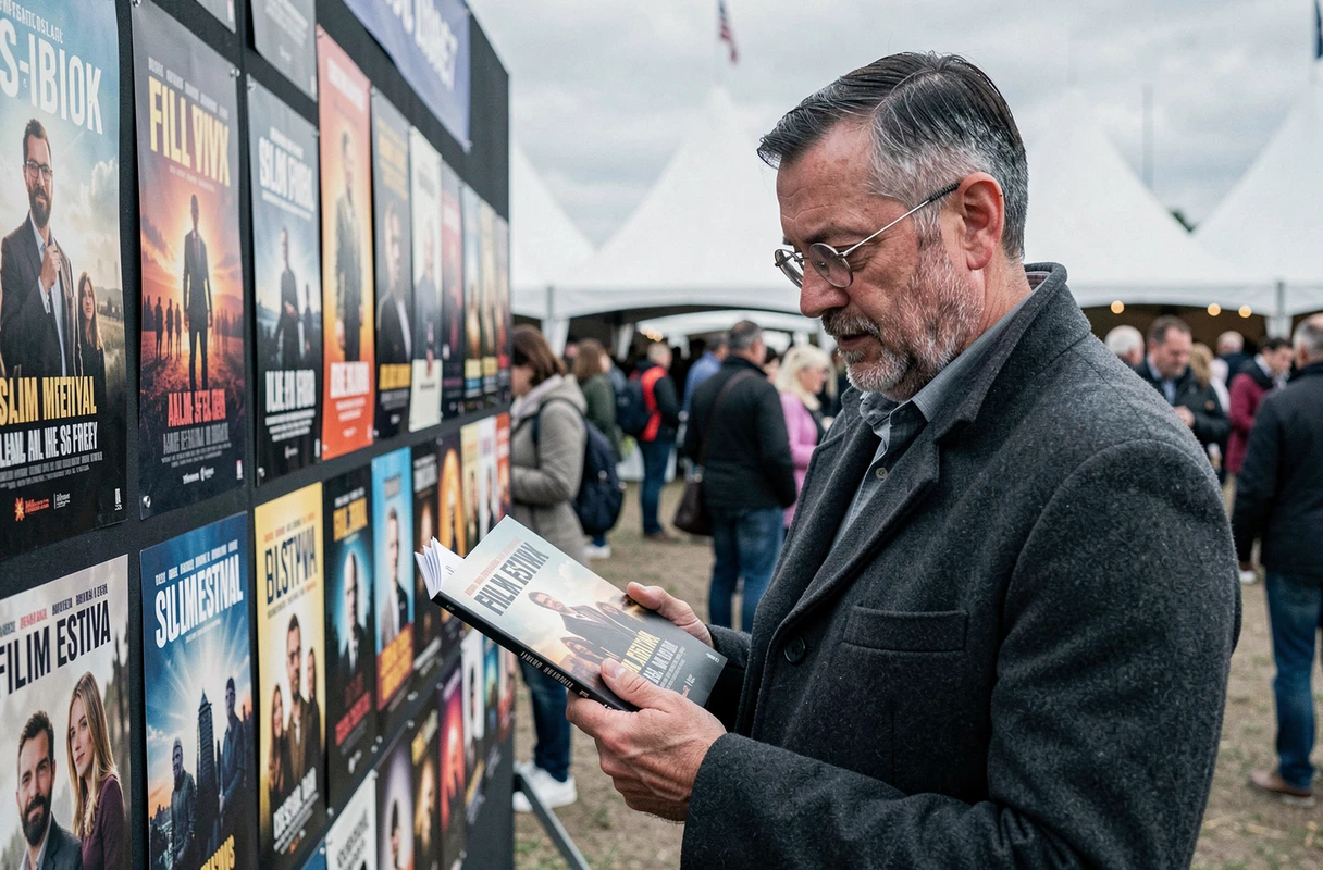 Homme consultant un programme lors d'un festival de cinéma en plein air entouré d'affiches de films