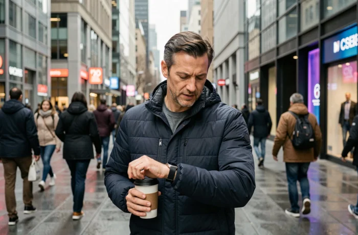 Homme en ville consultant sa montre connectée dans la rue, tendances technologiques du quotidien urbain