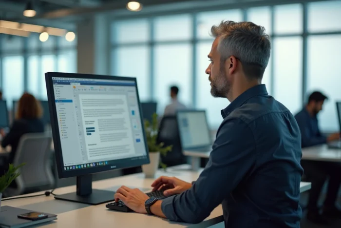 Homme en open space insérant une image dans un éditeur de texte collaboratif en ligne sur ordinateur de bureau