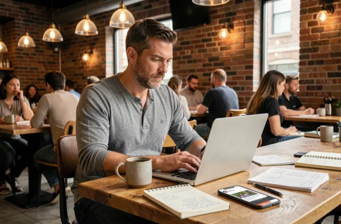 Homme optimisant ses annonces sur un site spécialisé depuis un ordinateur portable dans un café urbain