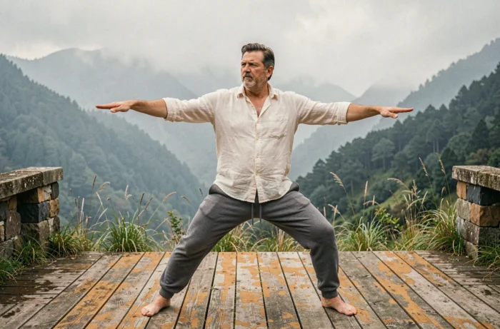 Homme pratiquant la posture du guerrier en yoga sur une terrasse en bois face à une vallée montagneuse brumeuse