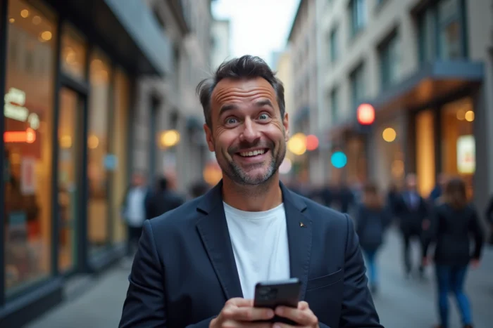 Homme réagissant avec surprise à une actualité insolite sur son téléphone dans une rue animée de la ville