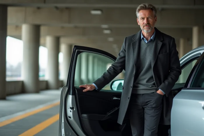 Homme d'affaires sortant d'une berline familiale dans un parking souterrain urbain