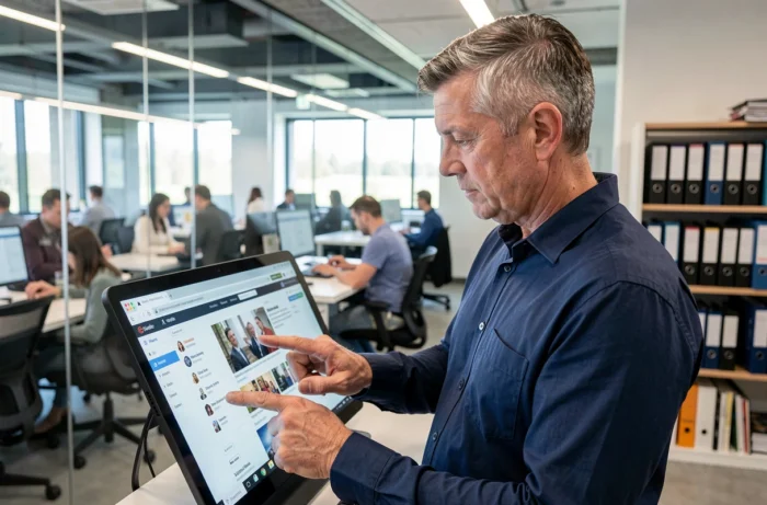 Homme consultant les rubriques d'un portail d'actualités sur tablette dans un bureau professionnel