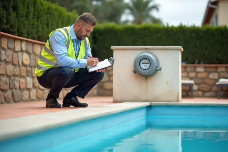 Inspecteur municipal vérifiant le compteur d'eau d'une piscine résidentielle dans un jardin en France
