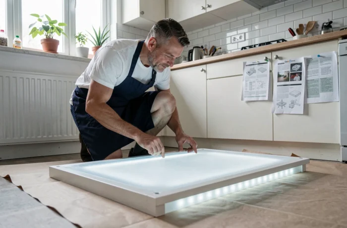 Homme inspectant le dessous d'une table lumineuse DIY presque terminée posée sur le sol d'une cuisine
