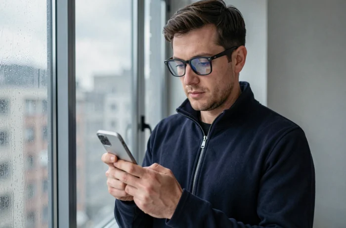 Homme configurant un compte Instagram anonyme sur smartphone près d'une fenêtre dans un appartement urbain