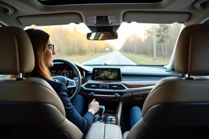 Intérieur confortable d'une berline contemporaine avec une conductrice lors d'un essai routier