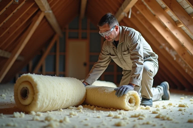 Artisan posant de la laine minérale entre les solives d'un plancher de combles lors de travaux d'isolation thermique