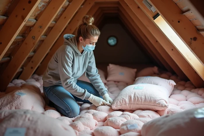 Propriétaire inspectant l'isolation soufflée en ouate de cellulose dans les combles perdus de sa maison