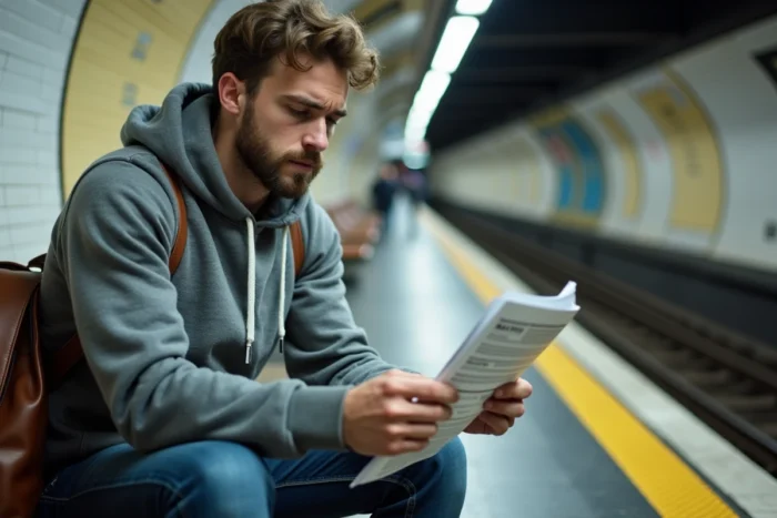 Jeune homme lisant une amende RATP assis sur un banc de quai de métro parisien