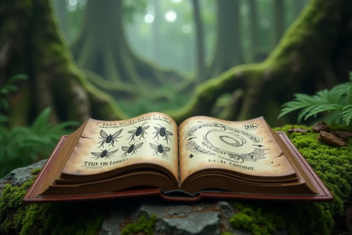 Journal en cuir ouvert dans une forêt avec des illustrations dessinées à la main de puces et annotations spirituelles sur la symbolique des insectes