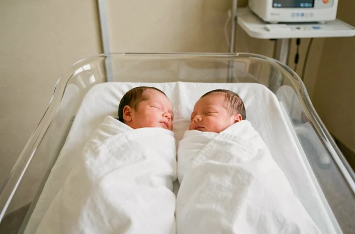 Deux bébés jumeaux nouveau-nés côte à côte dans un berceau de maternité, emmaillotés dans des couvertures blanches identiques
