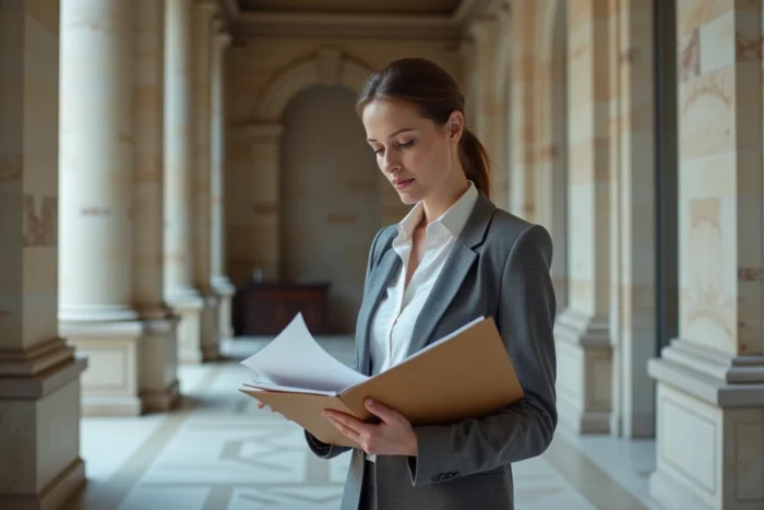 Femme juriste dans un couloir de palais de justice tenant des documents juridiques