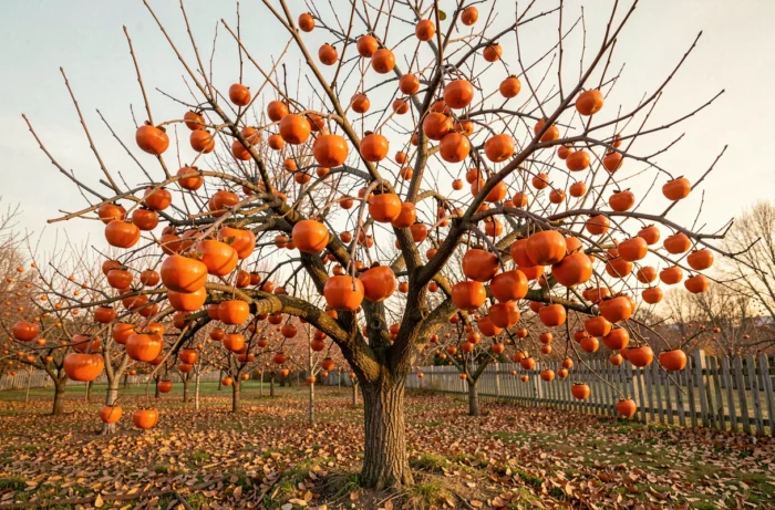 Arbre kaki (Diospyros kaki) en automne avec ses fruits orange brillants sur des branches dénudées