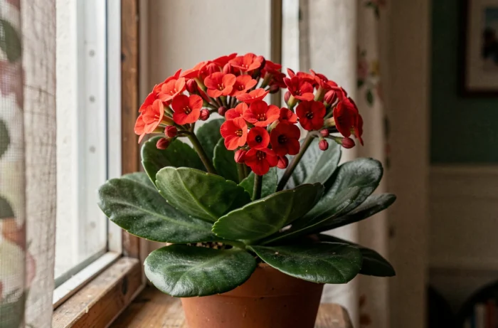 Plante Kalanchoë (Kalanchoe blossfeldiana) en pot avec des fleurs rouges vives sur un rebord de fenêtre en bois