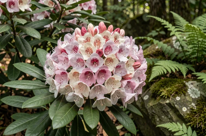 Arbuste Kalmia latifolia en fleurs avec des bouquets roses et blancs aux motifs bordeaux dans un jardin boisé