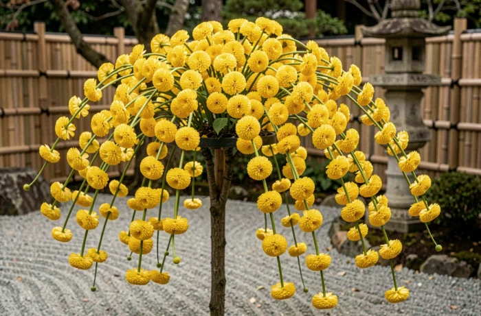 Kerria japonica en fleurs avec ses pompons dorés en cascade sur des tiges vertes dans un jardin printanier