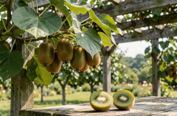 Vigne de kiwi (Actinidia chinensis) sur une pergola avec des fruits veloutés et un kiwi coupé montrant sa chair verte