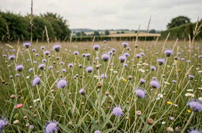 Champ de knautie des champs (Knautia arvensis) avec ses fleurs lilas en coussinet dans une prairie sauvage