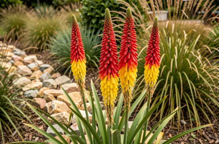 Fleurs en torche de Kniphofia uvaria avec des épis rouges et jaunes dans un jardin naturel