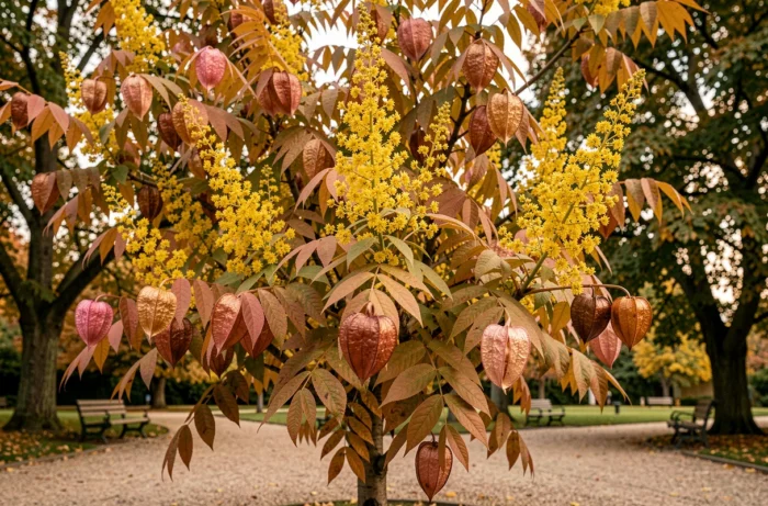 Savonnier (Koelreuteria paniculata) avec ses gousses en lanterne rose-bronze et son feuillage d'automne dans un parc