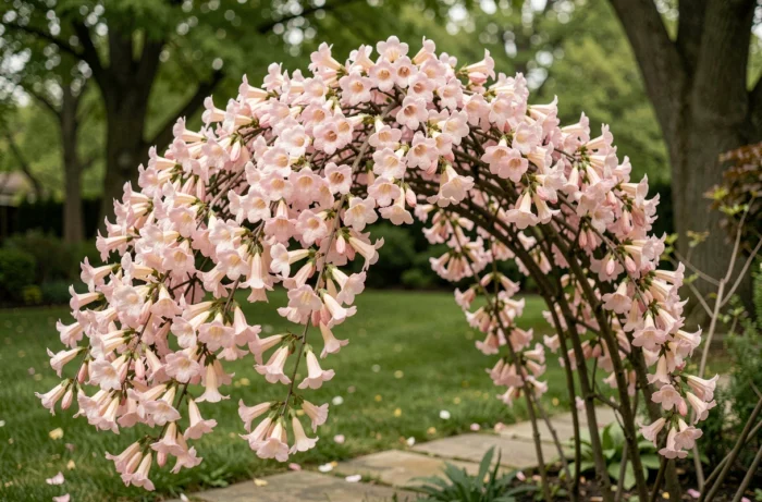 Buisson de beauté (Kolkwitzia amabilis) couvert de fleurs roses en trompette dans un jardin de printemps
