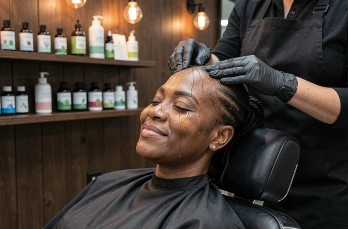 Femme aux cheveux crépus recevant un massage du cuir chevelu avec une huile nourrissante dans un salon de coiffure afro professionnel