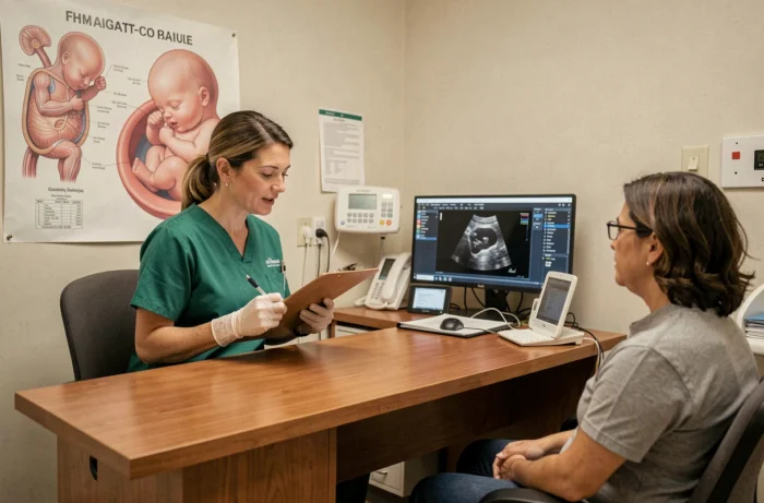 Médecin obstétricienne expliquant à un couple les procédures médicales concernant la naissance de jumeaux dans une salle de consultation