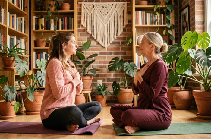 Deux femmes pratiquant la méditation guidée ensemble dans un salon chaleureux rempli de plantes