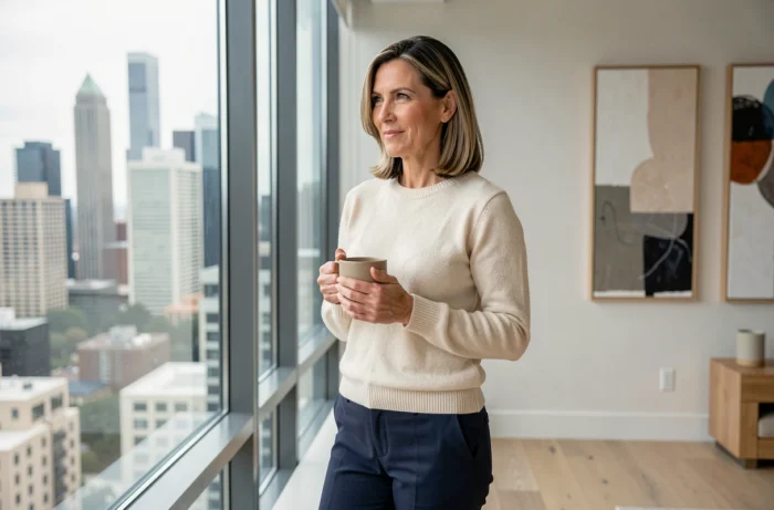Femme posée tenant une tasse de café devant une fenêtre avec vue sur la ville, symbolisant la résilience et la vie après le mariage avec une star hollywoodienne