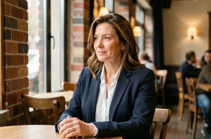 Portrait d'une femme élégante dans la cinquantaine assise dans un café urbain, évoquant le parcours et la carrière d'une personnalité publique américaine
