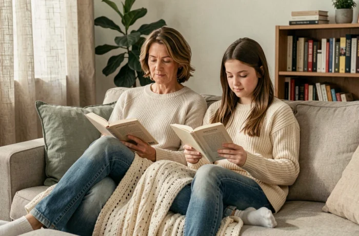 Mère et fille adolescente partageant un moment de lecture calme ensemble dans le salon, atmosphère douce et complice