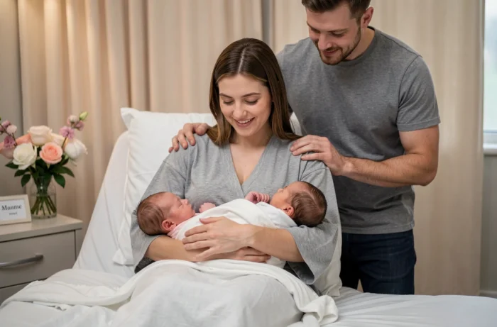 Jeune mère tenant ses deux bébés jumeaux nouveau-nés dans ses bras dans une chambre de maternité, entourée du père de famille